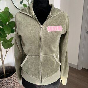 Vintage Y2K Juicy Couture Olive Green Pink Velour Full Zip Hoodie Sz Large Love